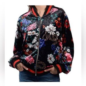 NWT Anna Cai Stunning Burgundy Floral Snake Velvet Bomber Festival Jacket Size L